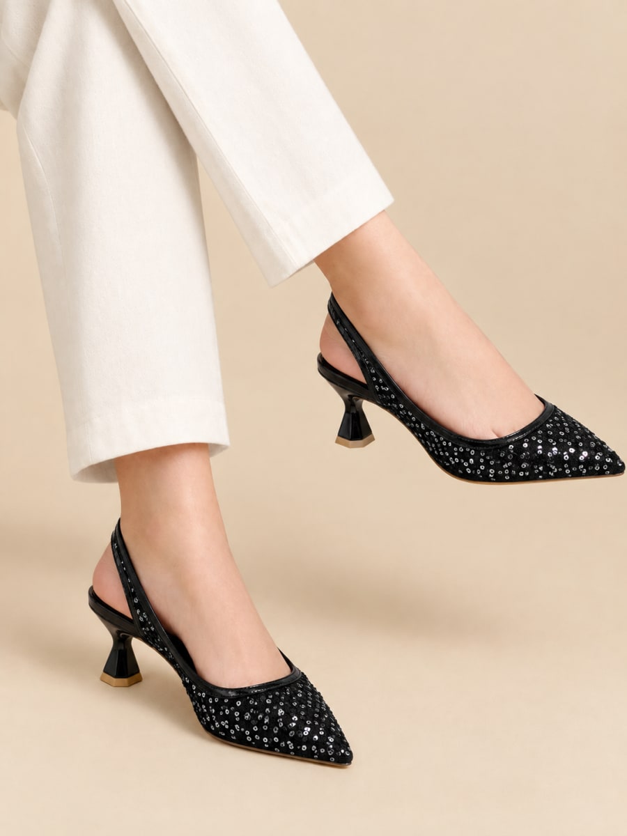 Black Sequin Slingback Heels