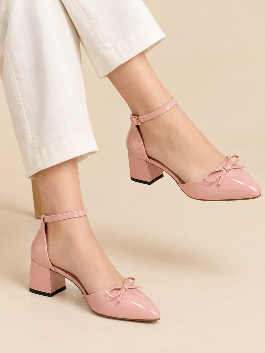 Blush Pink Bow Ankle-Strap Block Heels