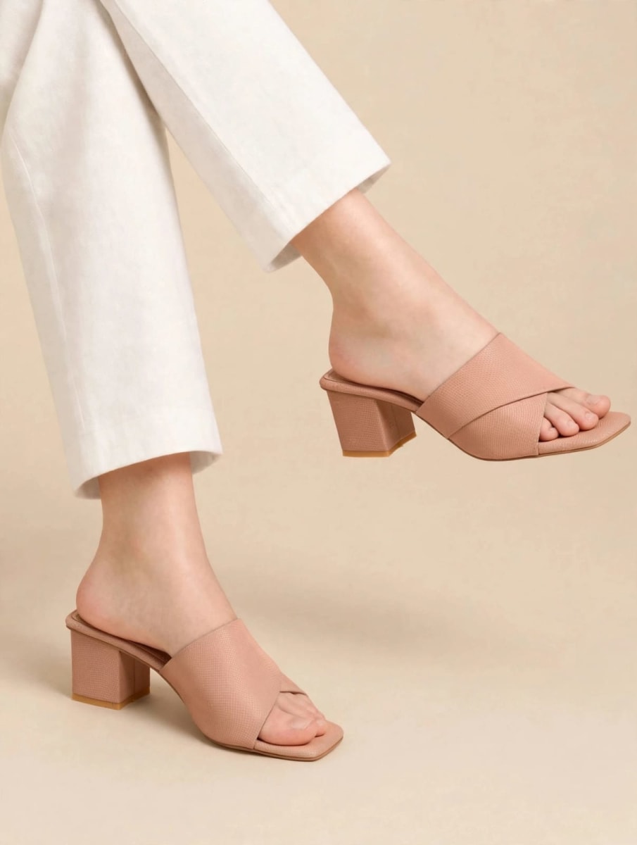Nude Cross-Strap Block Heel Mules