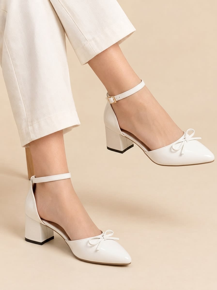 White Bow Ankle-Strap Block Heels