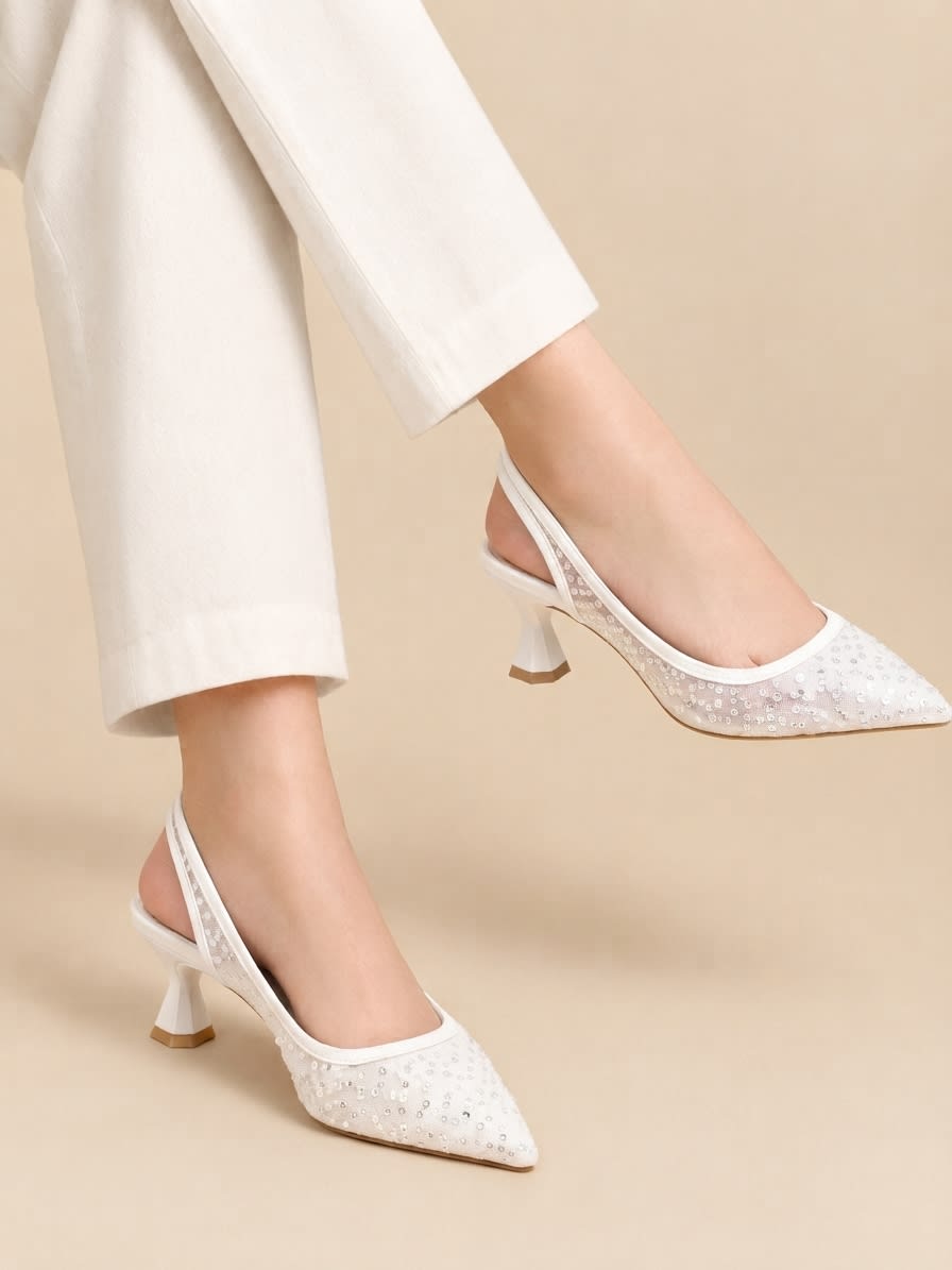 White Sequin Slingback Heels