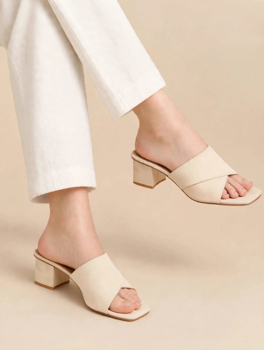 Ivory Cross-Strap Block Heel Mules