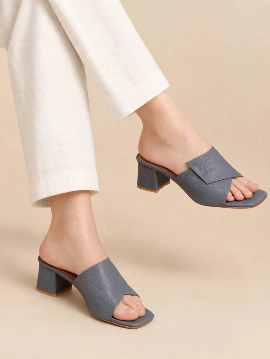 Blue-grey Cross-Strap Block Heel Mules