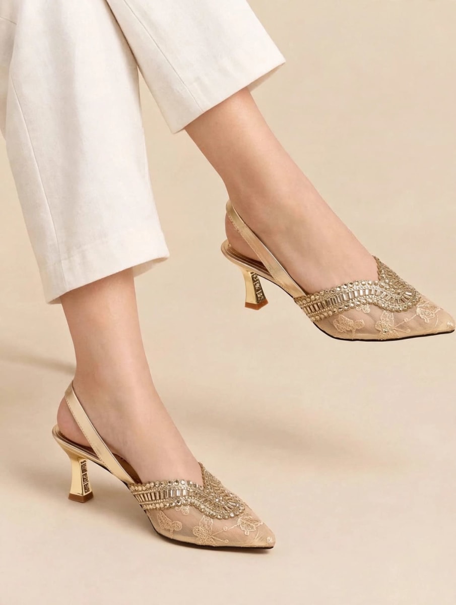 Golden Luxe Embroidered Slingback Heels