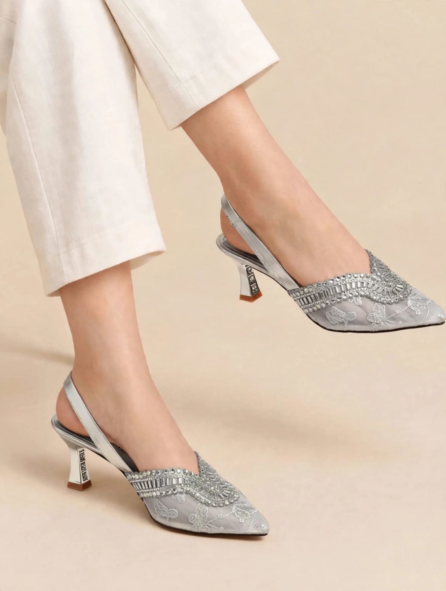 Silver Luxe Embroidered Slingback Heels
