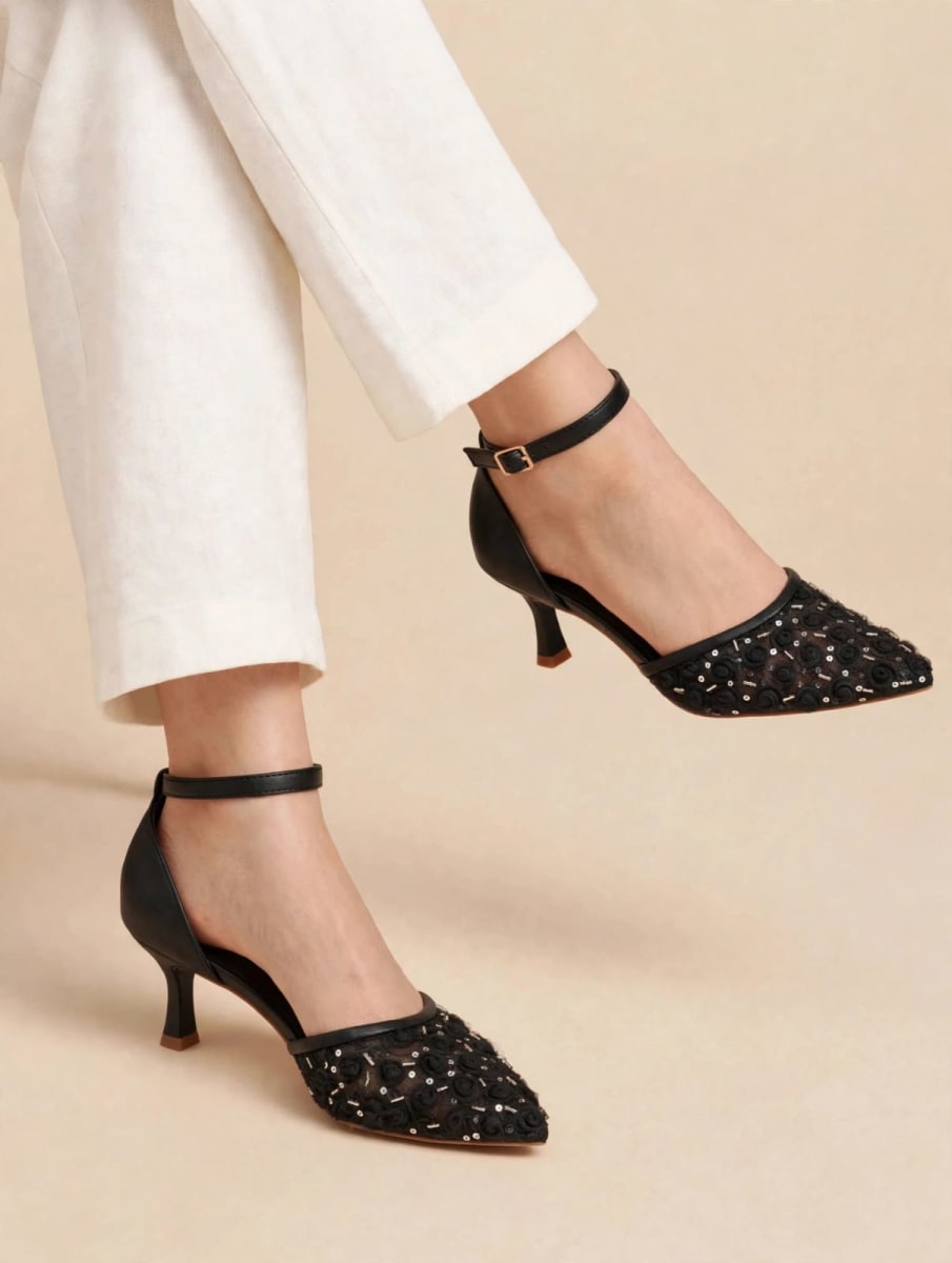 Black Sequin Floral Heels