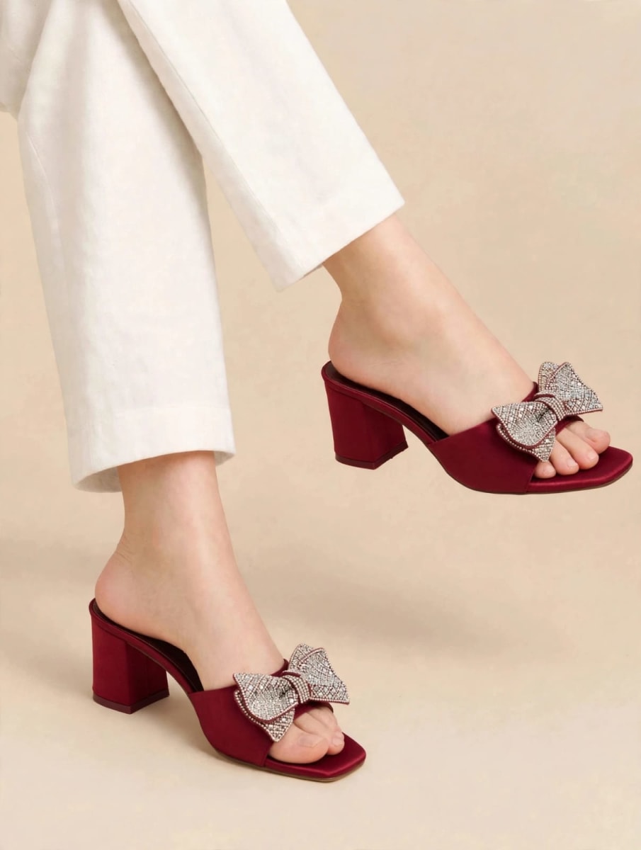 Glam Bow Embellished Block-Heel Mules