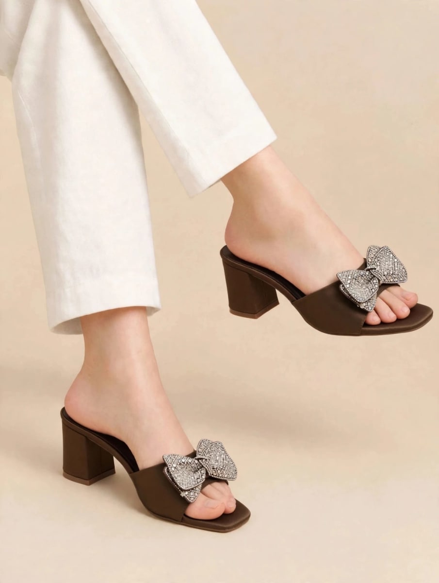 Glam Bow Embellished Block-Heel Mules