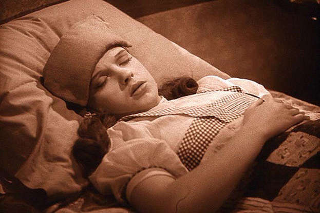 4. What hits Dorothy in the head during the cyclone, knocking her out?