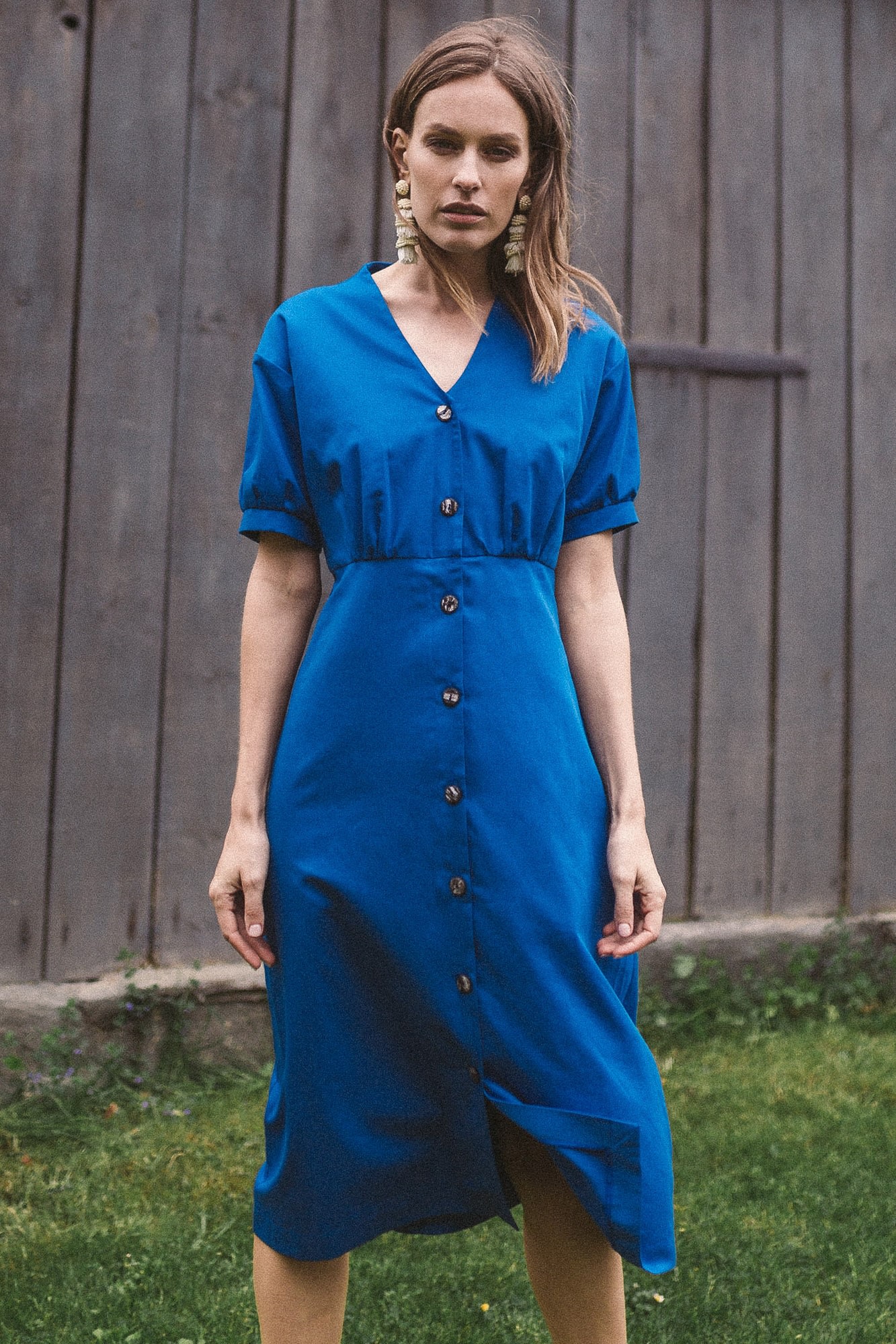 blue cotton midi dress