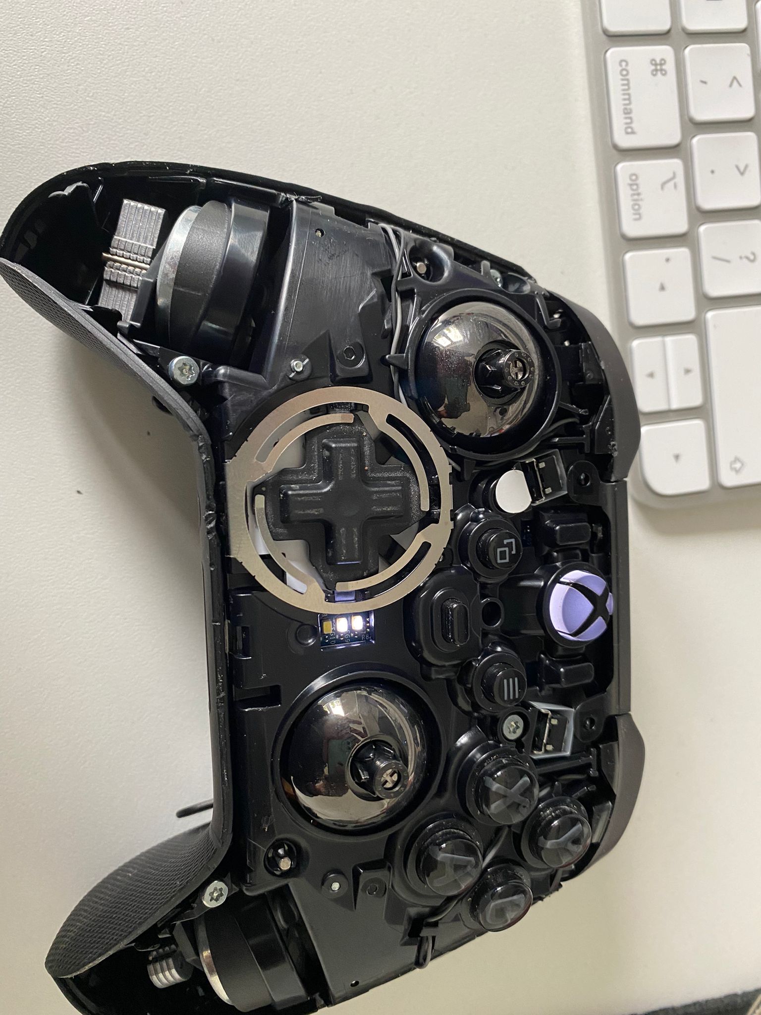 An opened xbox controller. 