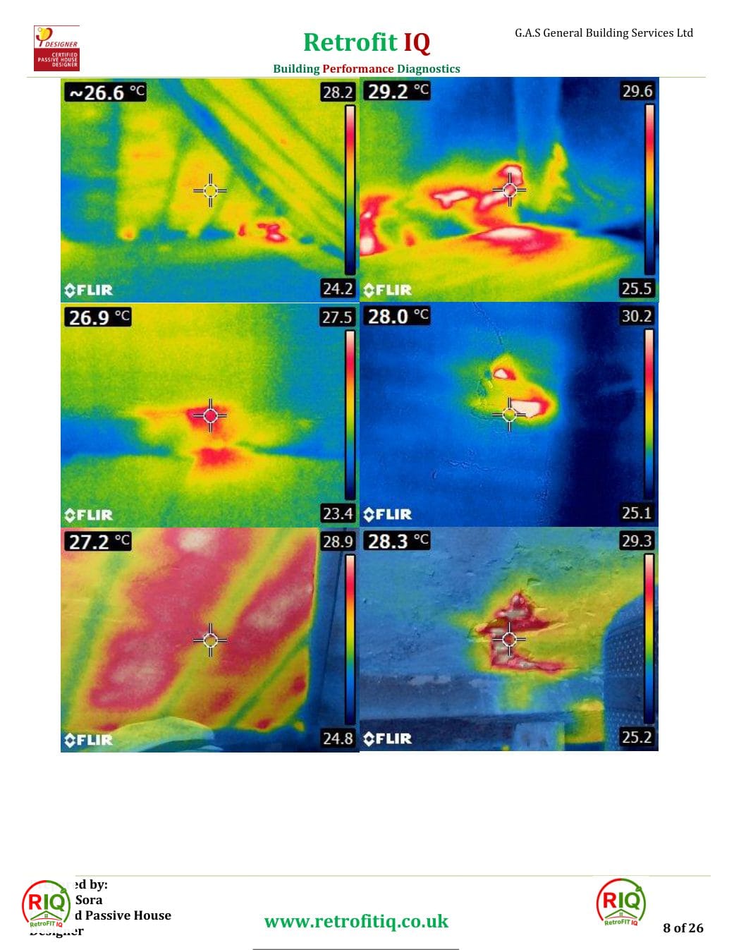 A sample building performance report page displaying six FLIR thermal images highlighting various temperature anomalies.