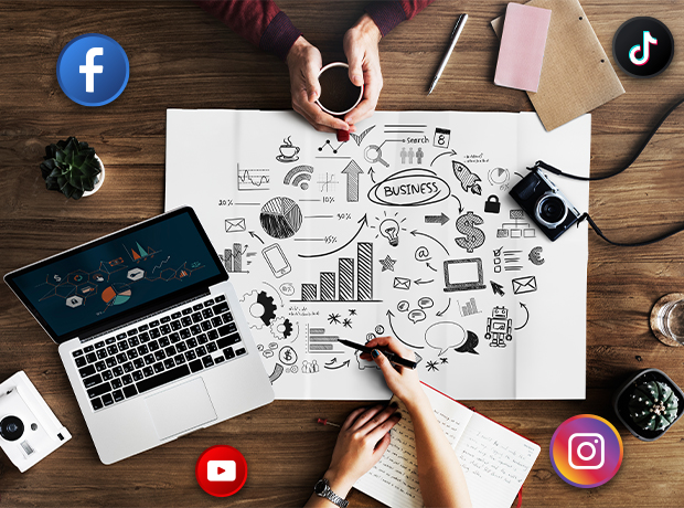 People collaborating on social media strategy