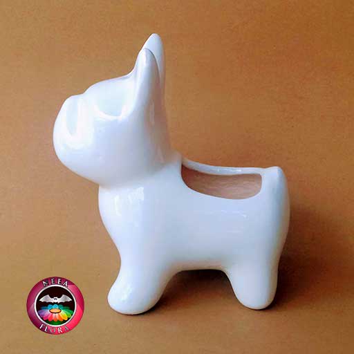 Matera cerámica animales perro 13x7x13cm perros azul claro y fucsia perro blanco diagonal