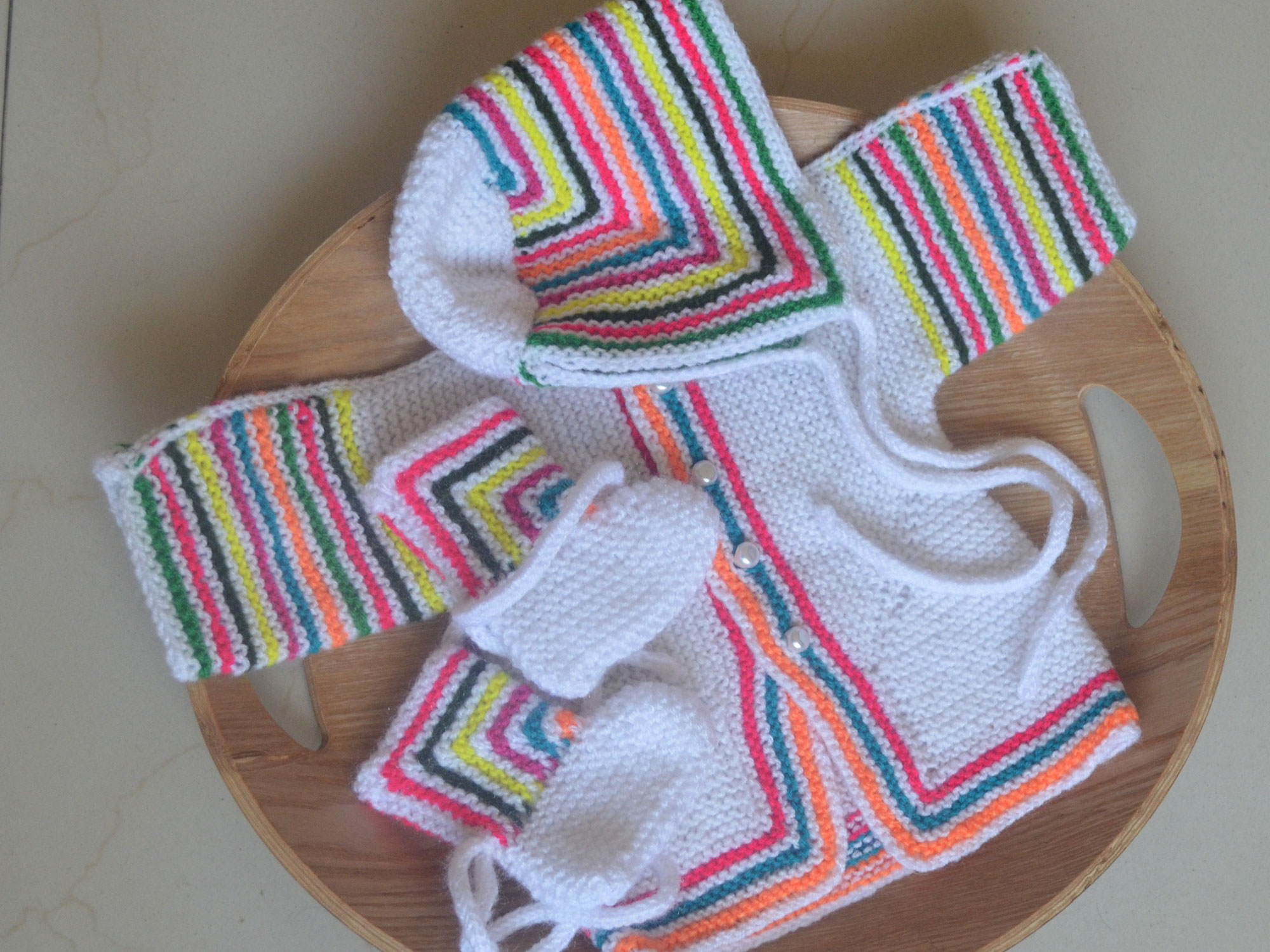 Woollen Baby Set With Jacket White With Multi Colored Stripes