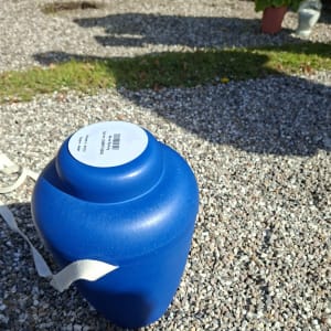 Nu er urnen sænket i jord og stenen sat på gravplads ved Skanse kirkegård