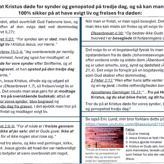 Tro på at Kristus døde for synder og genopstod på tredje dag, og så kan man være
100% sikker på at have evigt liv og frelses fra døden: