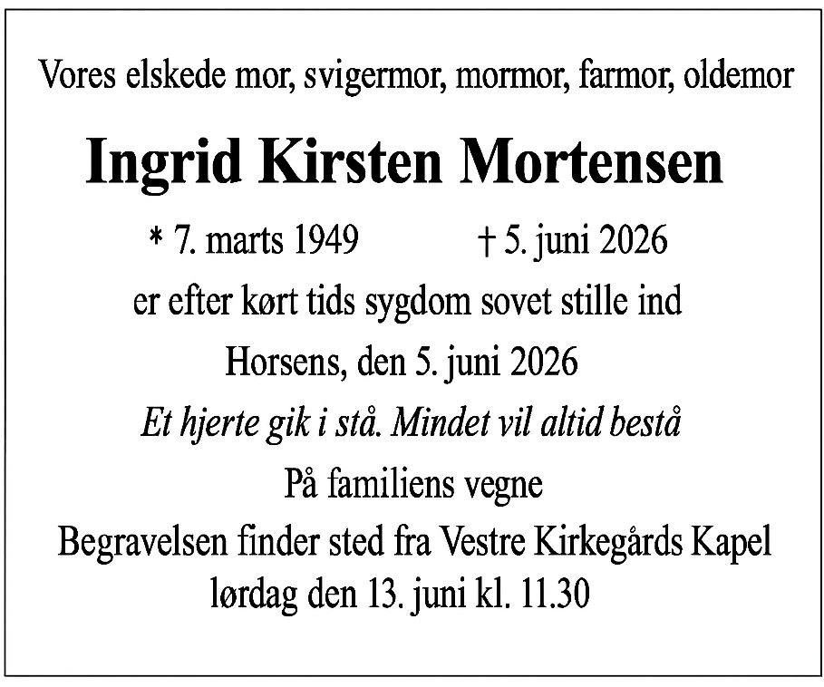 Billede til nekrolog for Ingrid Kirsten Mortensen