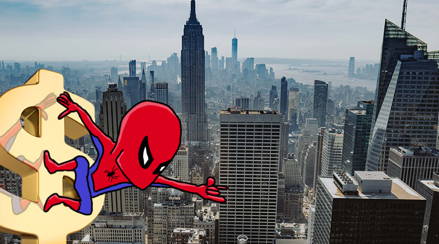 Spider-Man resting on a dollar sign.