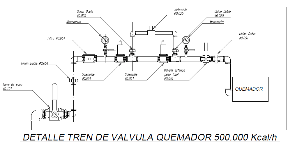 Tren de valvulas de gas para quemador de 500.000 kcal/h