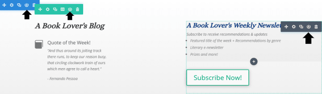 Save a section, row, or module using the downward arrow icon.