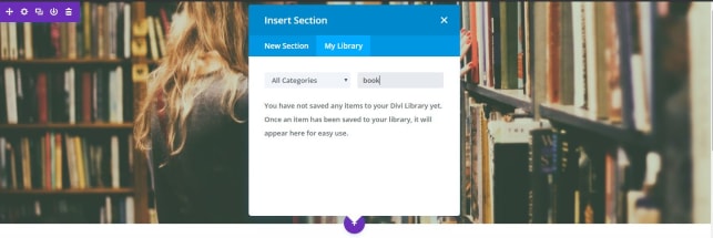 Accessing the landing page library menu via the plus sign icon at the bottom of a page, row, section, or module.