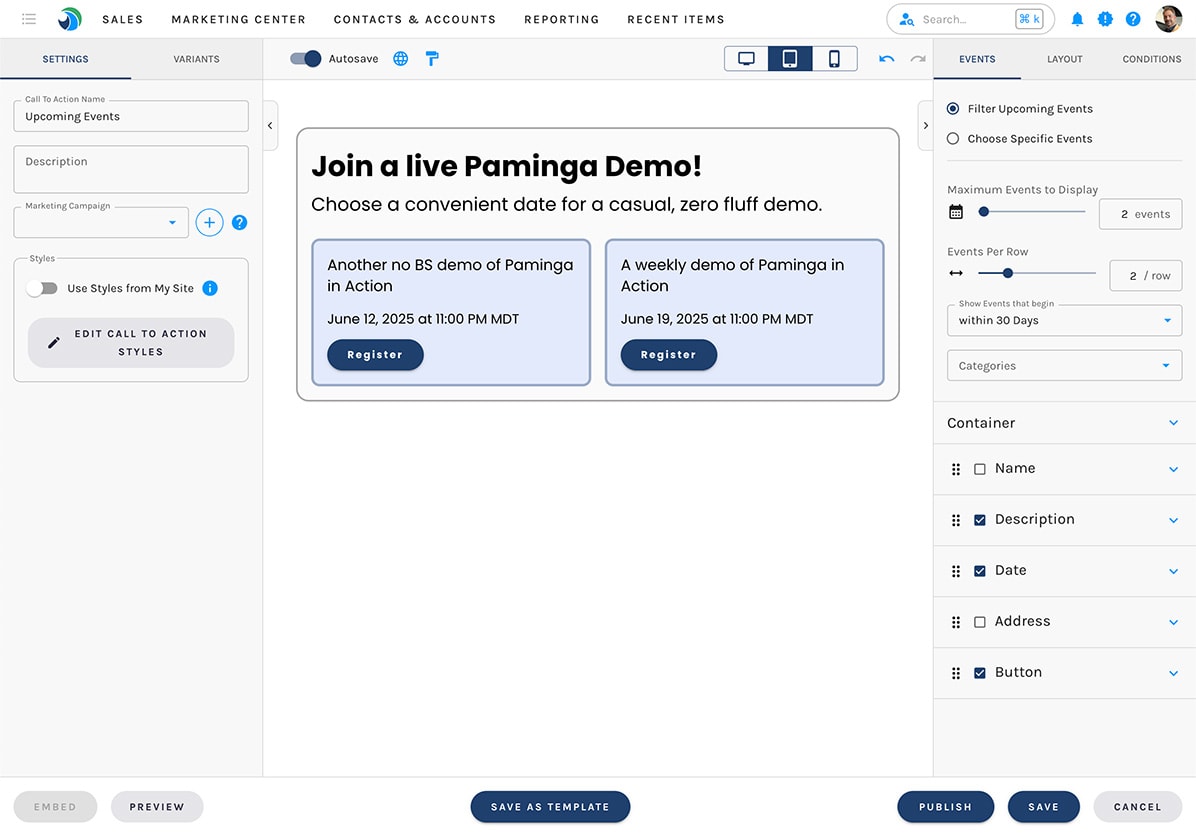 Creating an Event Listing CTA with Paminga