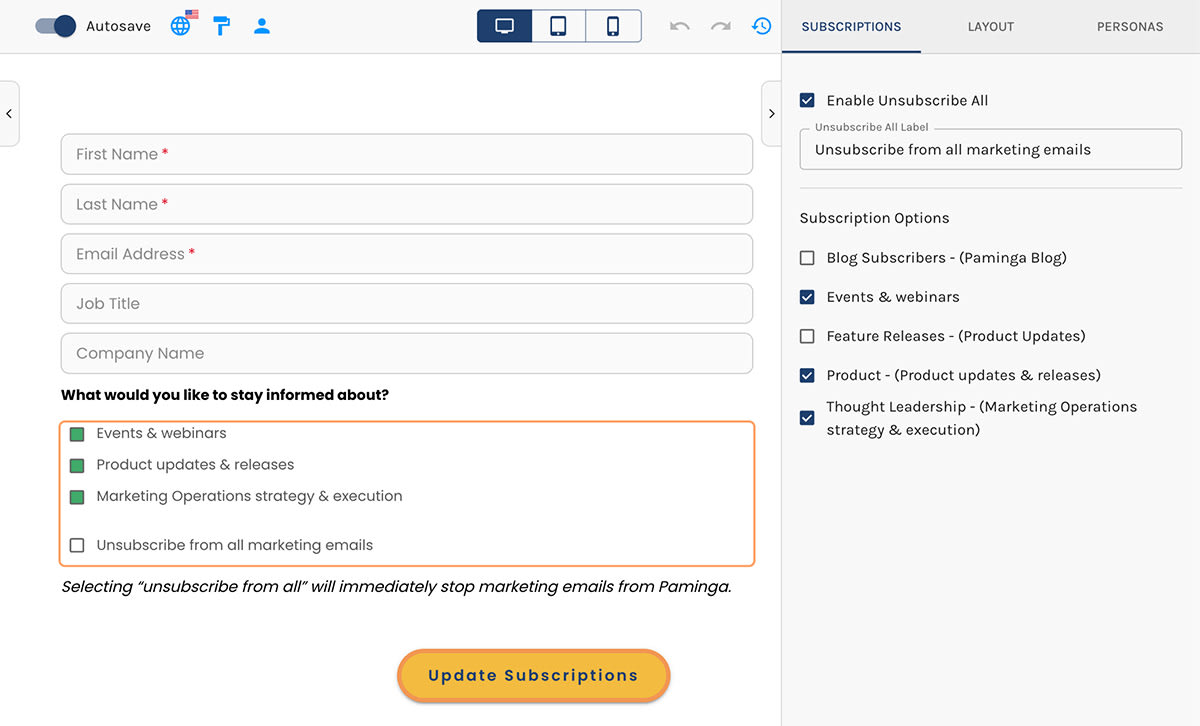 Subscription management form builder