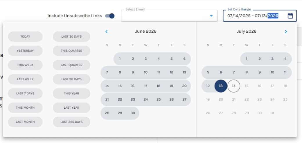 Date range picker with preset and custom timeframes in Paminga Email Heatmap