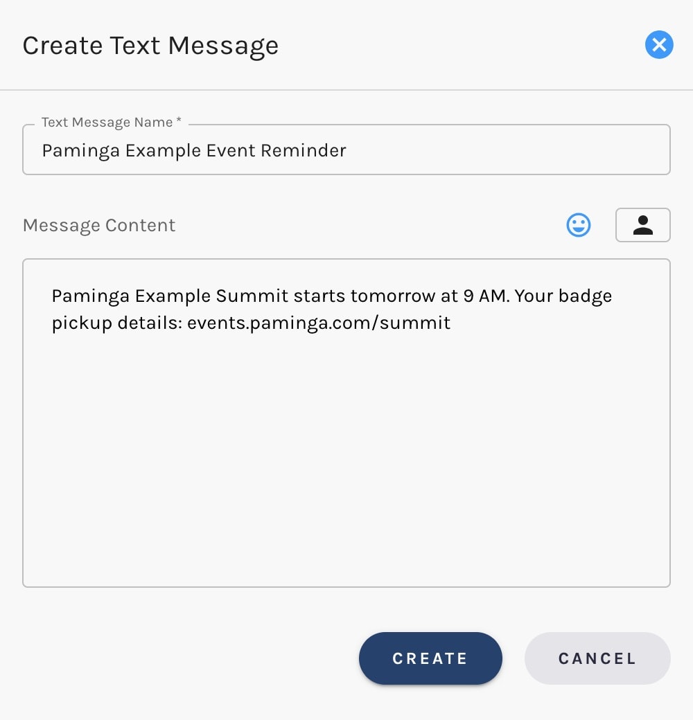 Create Text Message drawer with Text Message Name and Message Content fields and a Create button