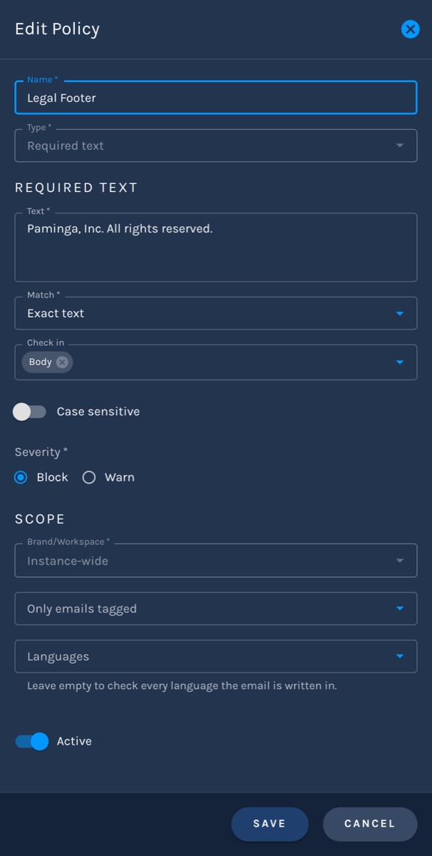 Paminga – Required Text Policy