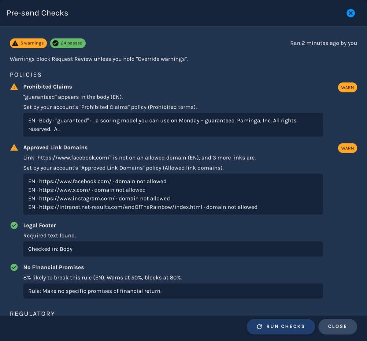 Paminga – Pre-send Checks Dialog