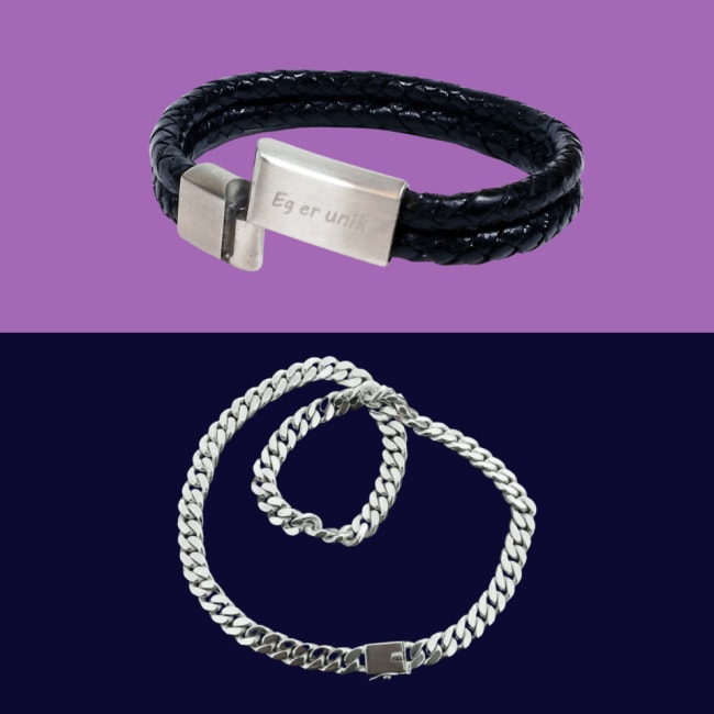 Pakketilbud stålkjede + svart skinnarmbånd "Eg er unik"