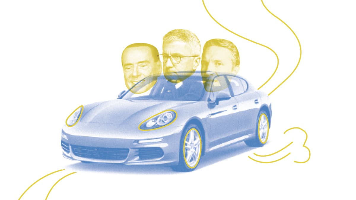 Ein Porsche mit Gesichtern von mächtigen Männern