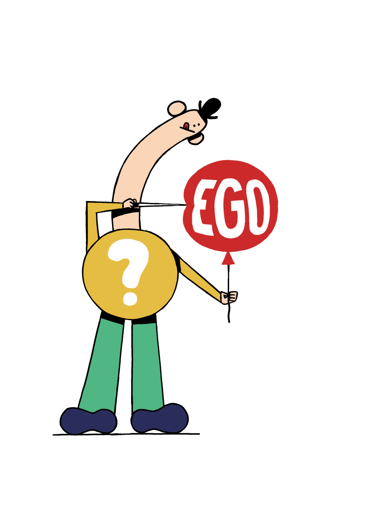 Eine Person, die einen Luftballon zersticht, auf dem Ego steht