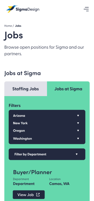 Sigma Design Jobs Mobile Landing Page, Filter and position cards