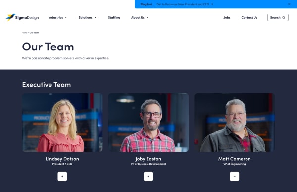Sigma Design Executive Team Landing Page