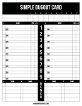 Simple black-and-white dugout card with blank line score, home and away nine-spot batting orders with sub rows and a bench section