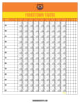 Orange and yellow score sheet with a tiger mascot logo, 13 hitter rows with subs across 9 innings of diamond boxes and totals columns