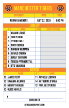 Orange and yellow lineup card with tiger logos, opponent, date and time, nine-player batting order, substitutions column, bench and manager signature line