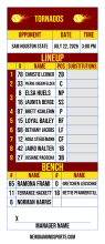 Maroon and yellow lineup card with flaming ball logos, nine-spot batting order with positions and a shared third spot, bench and signature