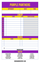 Purple and yellow lineup card with empty nine-spot batting order, substitutions column, bench, manager signature line and printed team roster