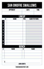 Black and white lineup card with title bar, blank opponent, date and time, empty nine-spot batting order, substitutions, bench and signature line