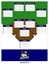 Blank depth chart with four outfield positions on a green and brown field diagram, four lines each and a husky logo footer