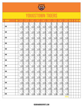 Orange and yellow score sheet with a tiger mascot logo, 13 hitter rows with subs across 9 innings of diamond boxes and totals columns