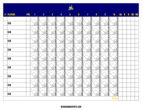 Landscape navy score sheet with a husky logo, 9 hitter rows across 10 innings of diamond boxes and totals columns
