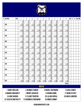Navy score sheet with a bulldog mascot logo, 11 hitter rows across 9 innings of diamond boxes, totals columns and a team roster