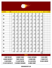Maroon score sheet with a flaming ball logo, 11 hitter rows with subs across 9 innings of diamond boxes, totals columns and a roster