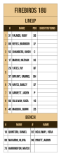 Tan and dark brown 18U lineup card with nine-spot batting order, right fielder and DH sharing fifth, lined substitutions and a bench