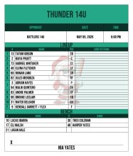 Teal 14U lineup card with a Santa-with-bat watermark, ten batters plus flex, pitcher and DH sharing one spot, bench and signature line
